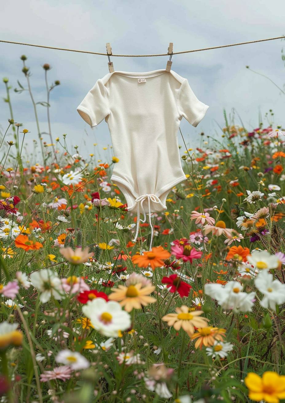 A baby onesie is hung on a string with wooden clips in the middle of a colorful flower field