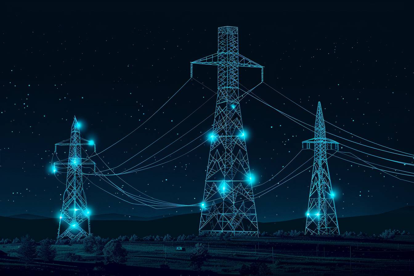A glowing blue line drawing of three high tension electric towers, dark background, vector illustration, flat design, clean lines, high resolution, no shadows on the left side of each tower