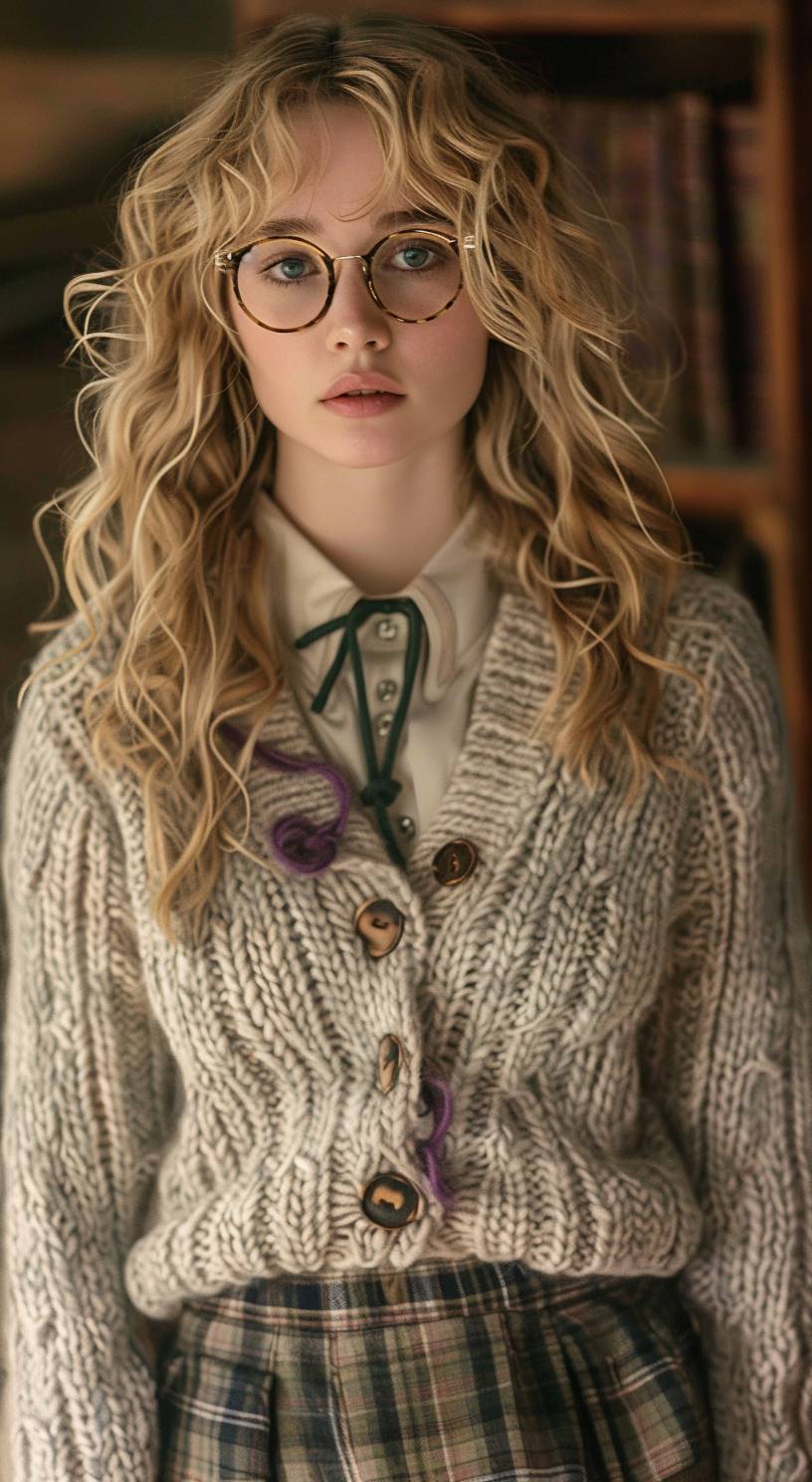 Jennifer Lawrence in schoolgirl glasses, wearing traditional Irish cableknit cardigan outfit with a well-shaped roundneck Irish cableknit mohair sweater costume, wearing a chunky tight fit turtleneck sweater and cardigan lookbook. The cardigan with closed buttons, crewneck neckline, violet color cable knit angora cardigan cable knit, skirt and socks sneakers, blonde curly hair, sneakers, bright background, whole body, full body portrait.