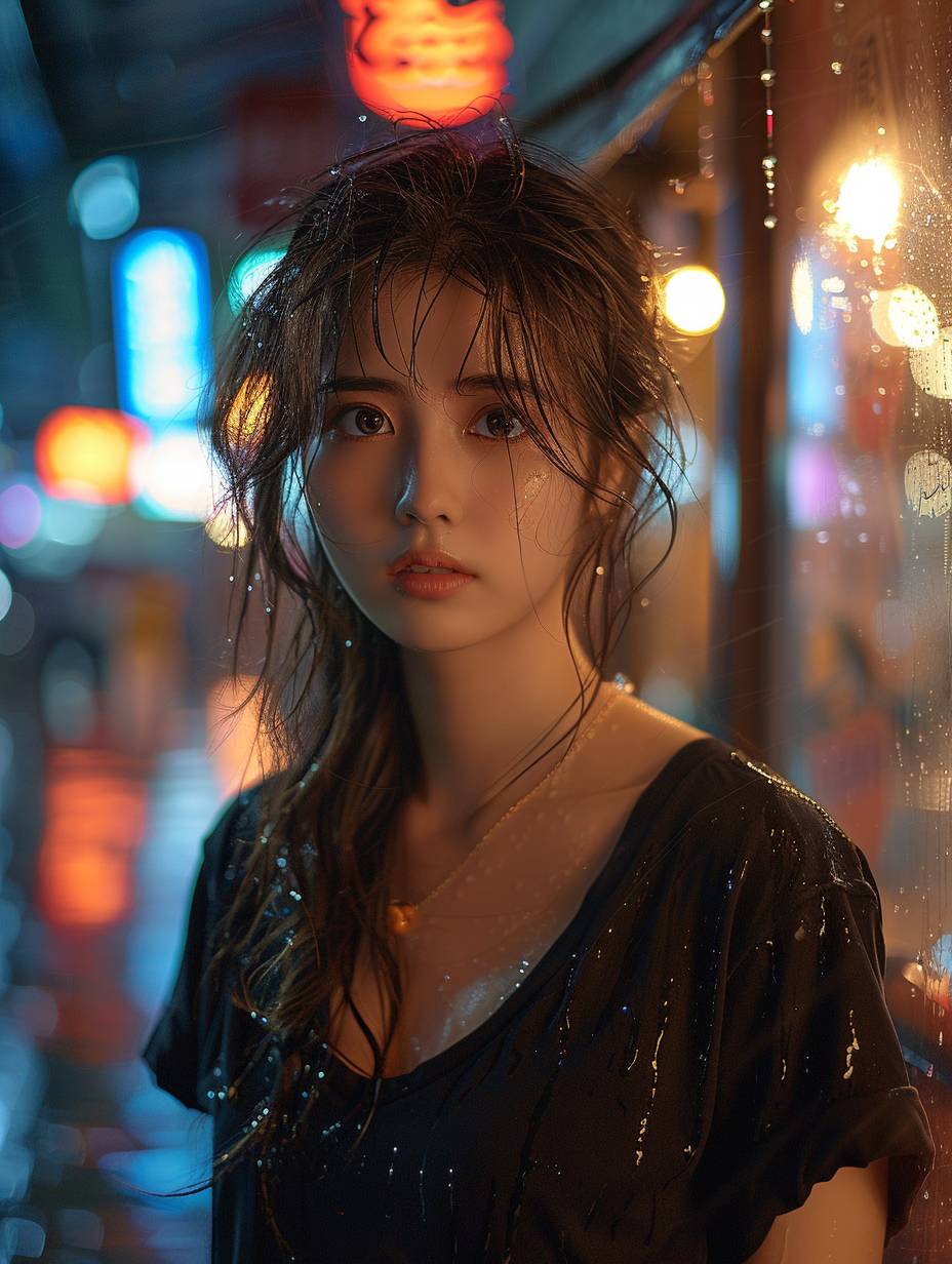 台湾出身の美しい20歳の女の子が、黒いTシャツを着て台北の雨の降る街を歩いている様子、リアルで詳細な