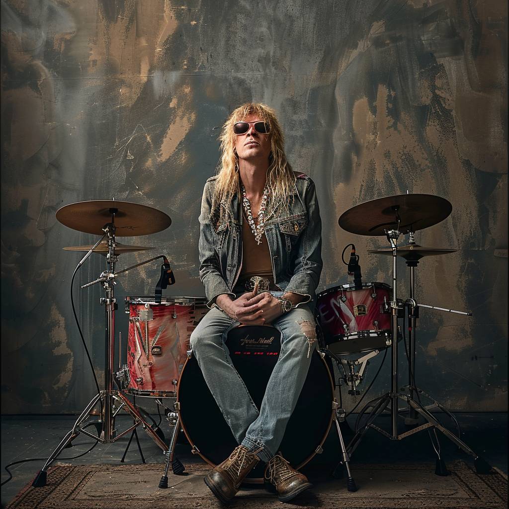 Full-body height portrait of famous rockstar sitting on stack of drums