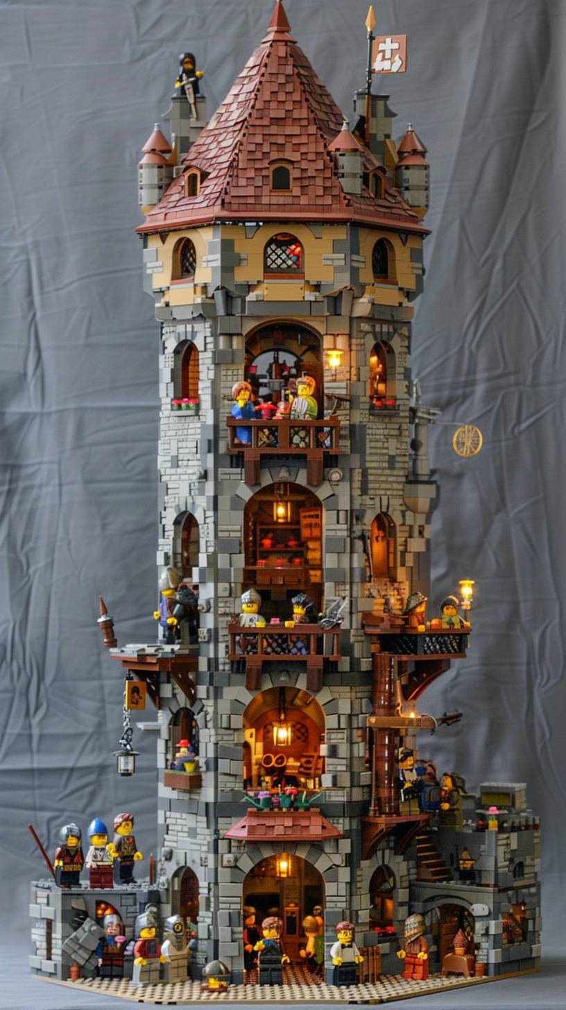 Lego model, Medieval bell tower, many floors and rooms, detailed people scene for Lego stop motion animation, working, cutaway art, best quality, ultra details, 32k, large scene