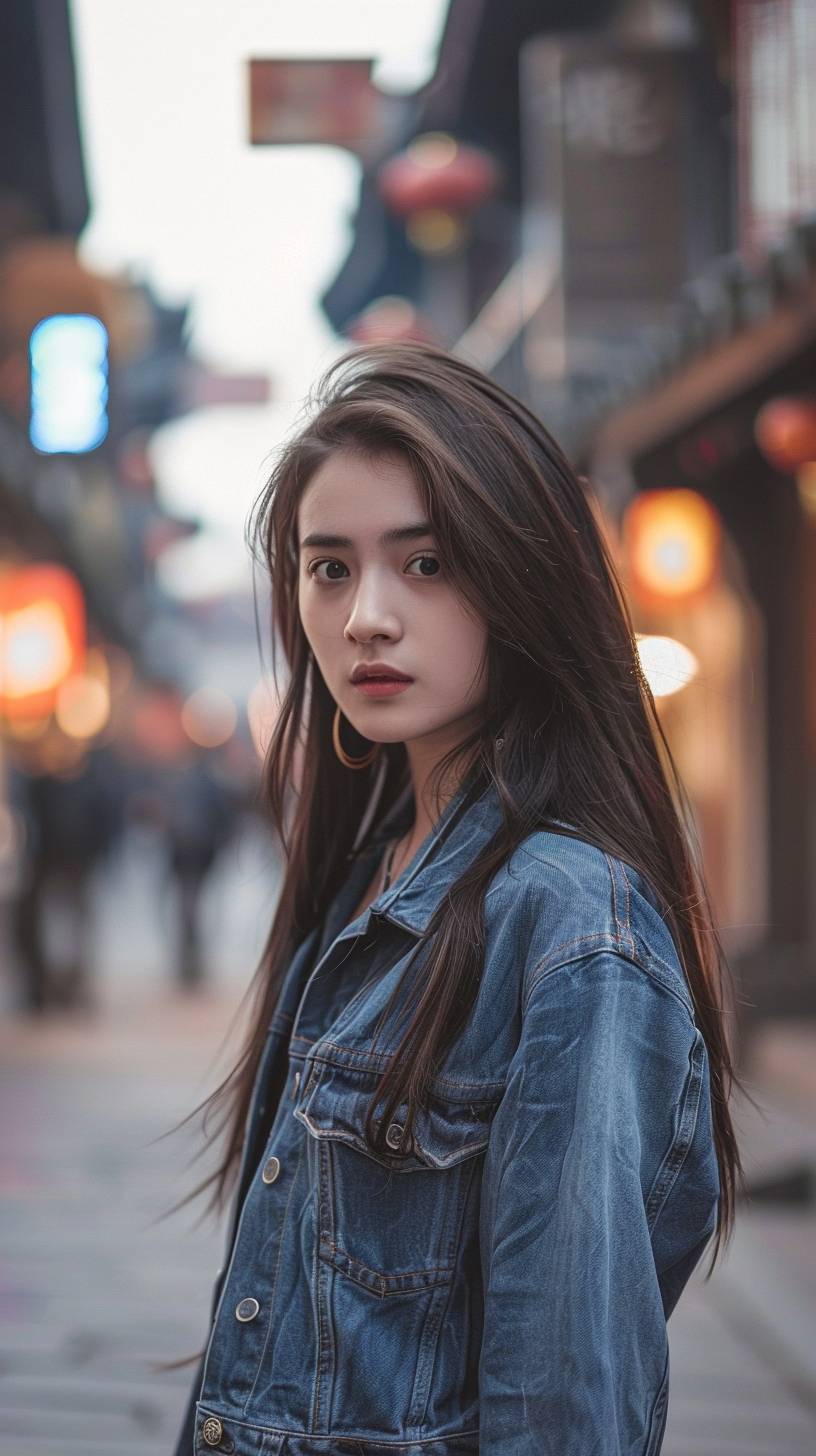 Realistic photo, a Chinese girl in a modern street