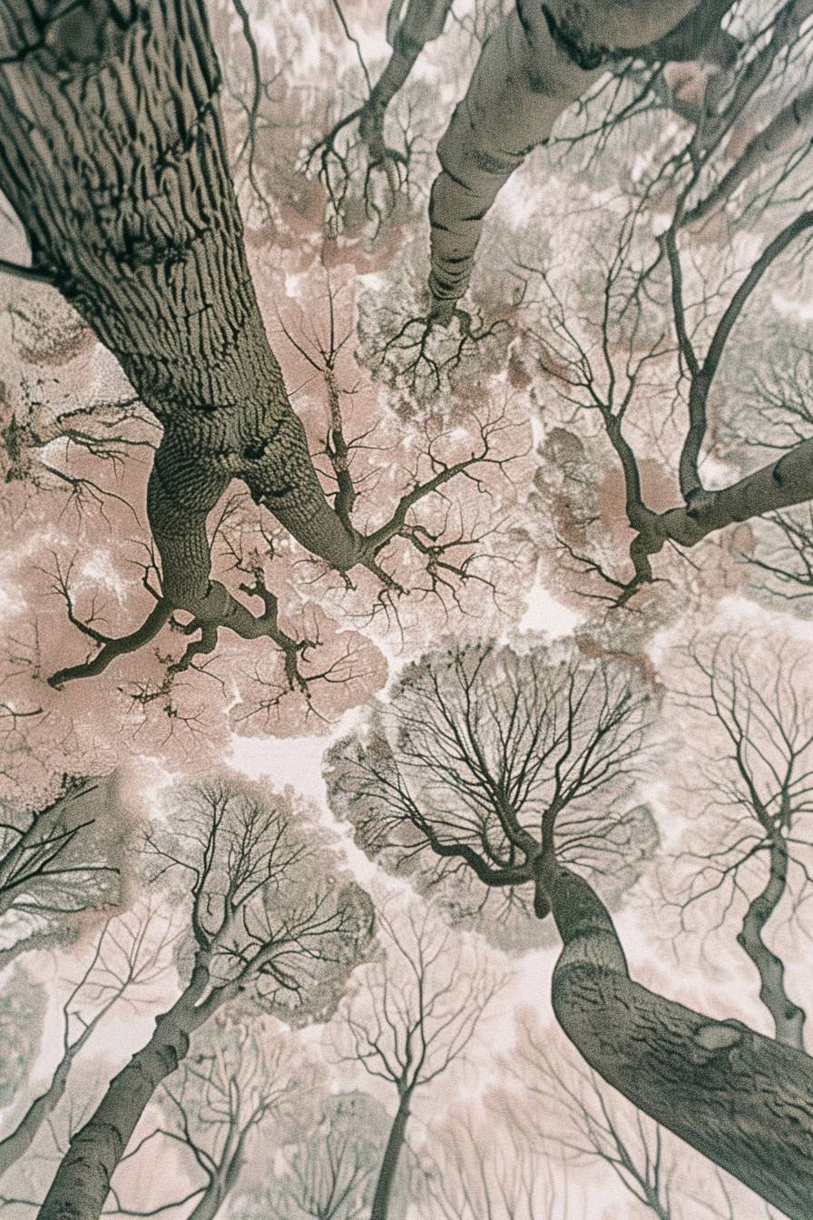 Forest canopy with brain-like ridges seen from high above, lighting arcing, warped perspective, small portion of Mandelbrot set, golden ratio, infinitely complex patterns, patterns of multiple scales, repetition, fractal