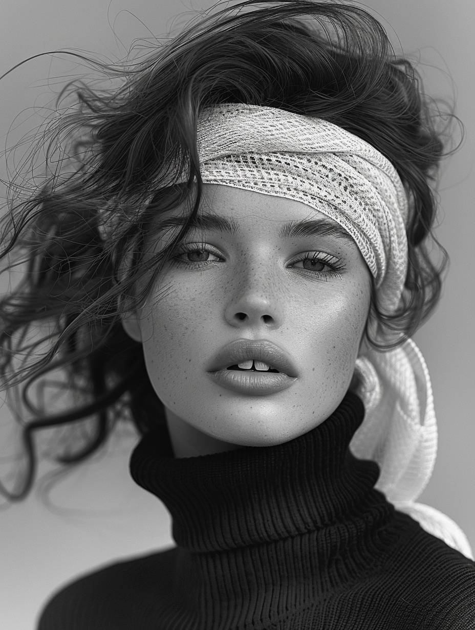 Editorial fashion, a beautiful woman with a white blindfold covering her eyes and wrapped in a ribbon bandage around her head, wearing a black turtleneck sweater, with wind blowing her hair, against a minimalist background, in the style of surrealism, in monochrome, with soft light, showing the detailed texture of the fabric, with professional photography, in the style of 'Se'. Shot on a Canon EOS R5 mirrorless camera using the best lens, an 80mm f/2.4L IS USM.