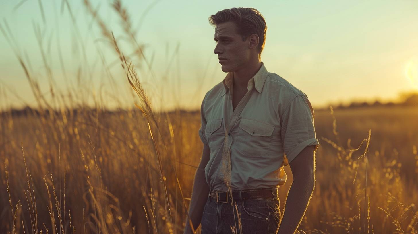 A timeless vintage man in a soft pastel aesthetic, set against a natural, rustic background. The scene features warm, analog color grading with a classic, nostalgic feel. The man exudes a sense of calm and authenticity, surrounded by a serene, unblemished landscape. The composition is enhanced by a painterly quality, reminiscent of traditional portraiture, with smooth details and a harmonious, peaceful atmosphere.