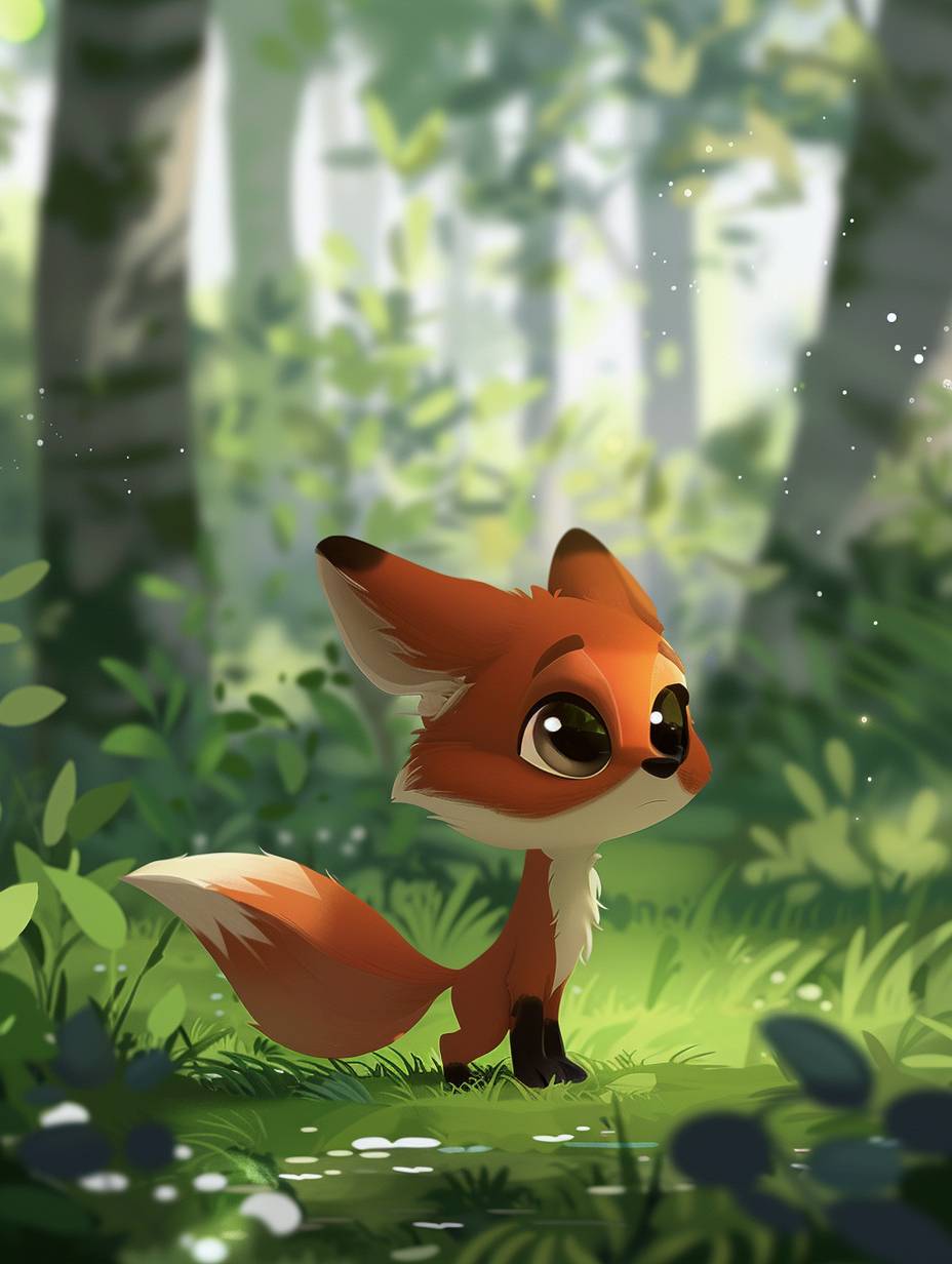 イラストには、密集した森の背景が描かれており、小さなキツネであるシャオレンは目を真っ直ぐにして草の上に立ち、しっぽを優しく振っています。
