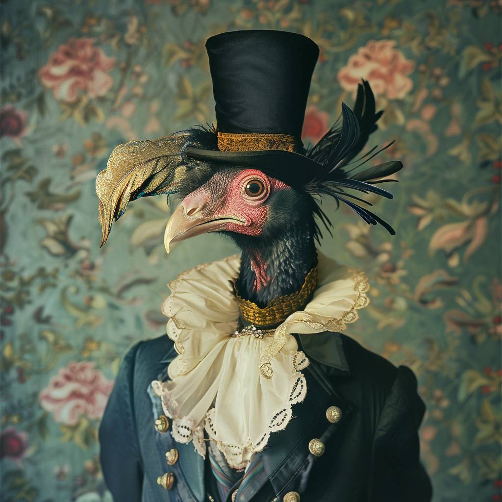 anthropomorphic bird wearing posh 19th century costume