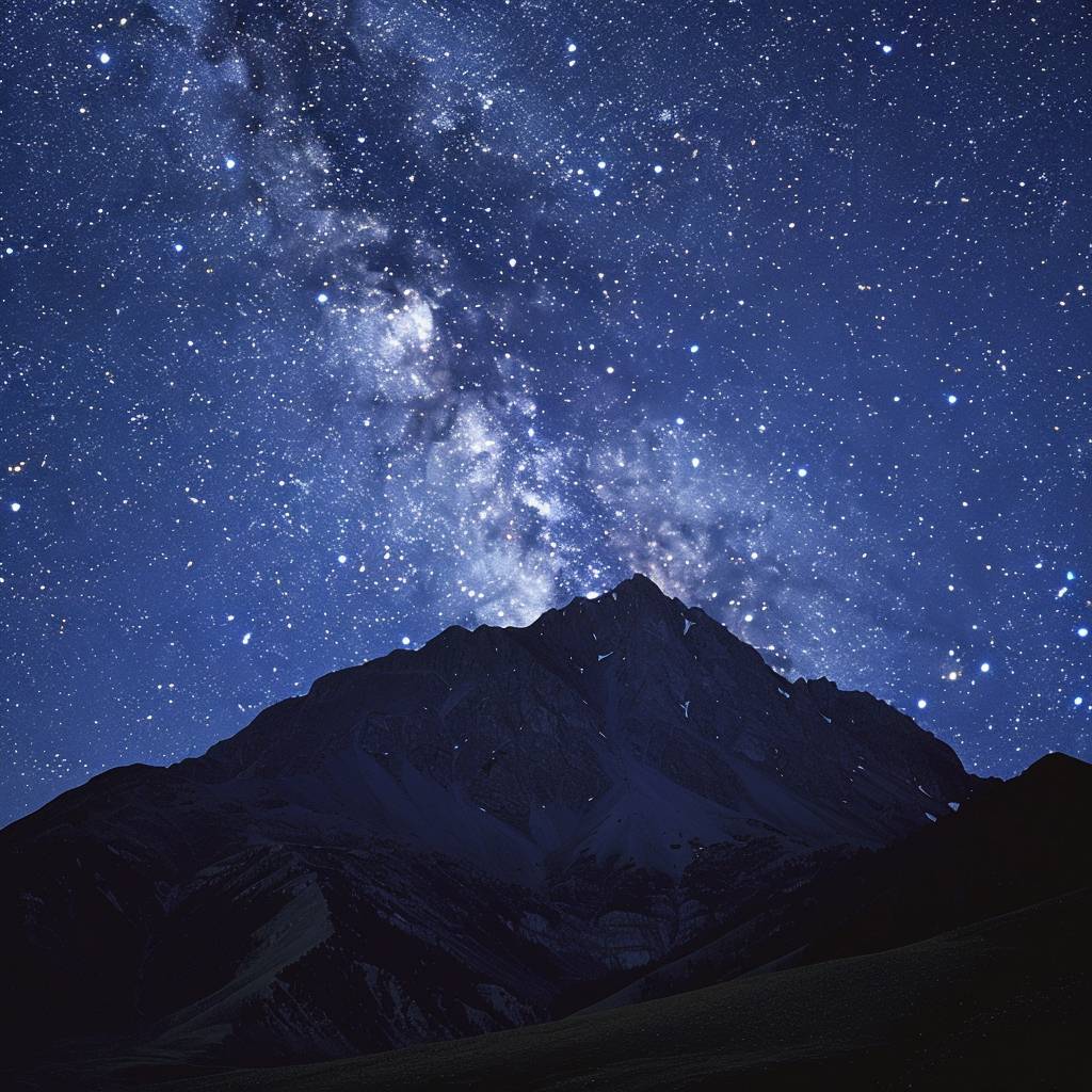 A majestic mountain range under a star-filled night sky, creating a serene and awe-inspiring scene. The mountain's sharp, rugged edges are silhouetted against the dense blanket of stars, illustrating the contrast between the enduring solidity of earth and the vast expanse of the cosmos.