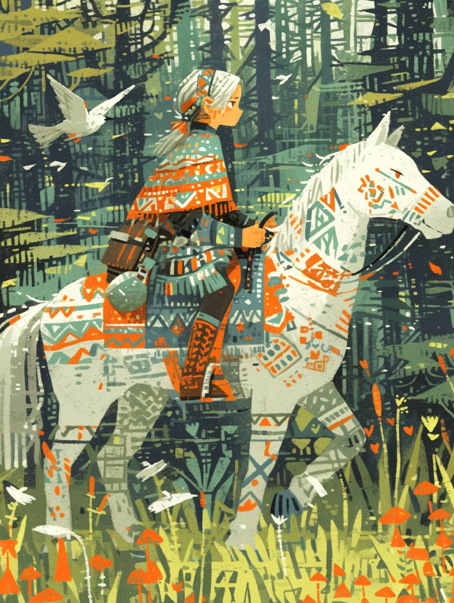 A boy rides a horse and chases birds in the forest, surrounded by a linear forest with birds flying in the sky. The illustration is drawn with colorful lines in a flat style, with green as the main color of the background. It is a vibrant scene with a fisheye effect.