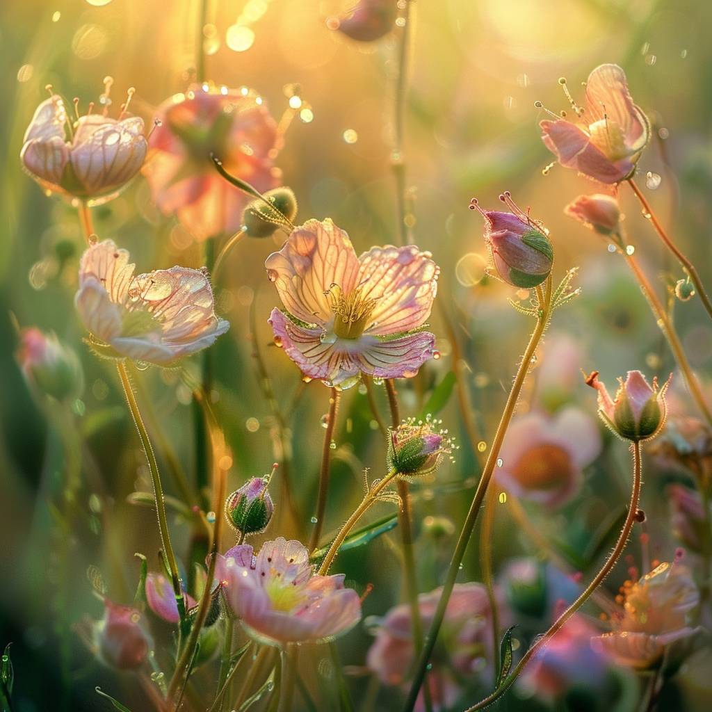 Enchanted meadow, flowers slowly unfurl under the first rays of the sun, revealing their vibrant colors and delicate petals. Macro shot captures the intricate details of the awakening flowers, the soft morning light. Dew-kissed petals shimmer in the sunlight.