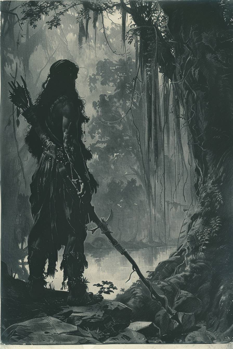 Full-page scan of 1880s book etching by Peter Mohrbacher depicting dark elven hunter