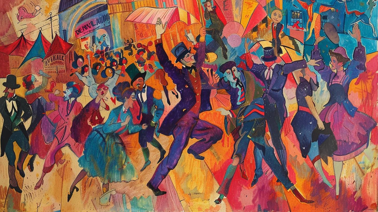 A lively and colorful scene of circus performers, featuring acrobats, clowns, and dancers, in the style of Henri de Toulouse-Lautrec, with bold lines and dynamic compositions