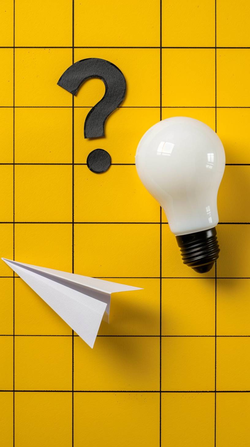 black question mark, white bulb, paper plane on yellow bright grid