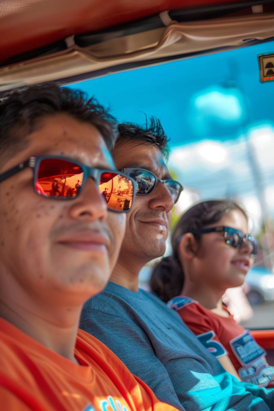 ラテンアメリカの都市の雰囲気、青い空、グアテマラ出身の中流家庭、父、男の子、女の子、母が笑顔で、詳細なキャプチャ、Uberドライバー、人物の輪郭が赤く描かれ、フラッシュ、赤いライトリークス、背景には長時間露光の動きがあり、Canon EOS 5D Mark IVで撮影されたもの。