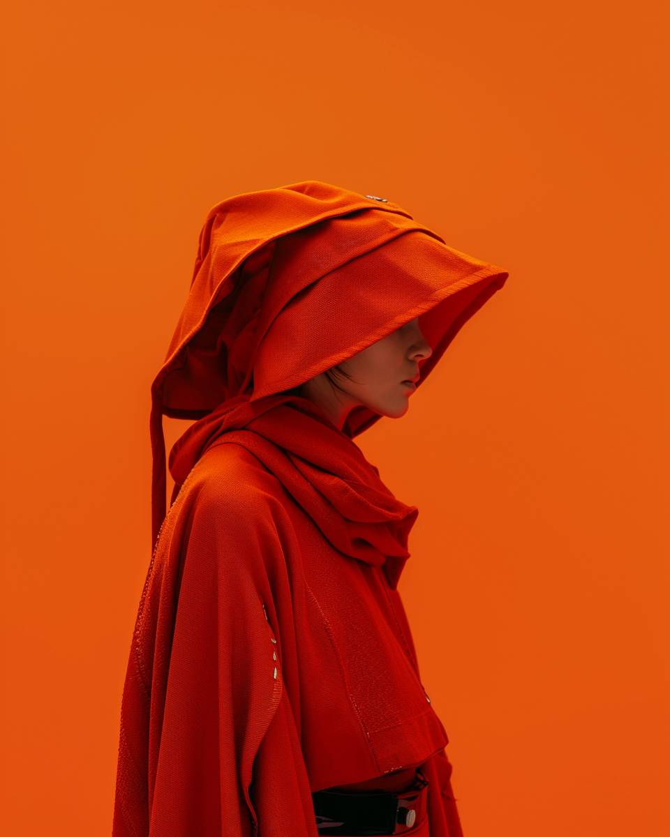 Fashion Portrait photography of a Jedi Knight from Star Wars dressed in avant-garde fashion, Medium shot, Canon EOS-1D X Mark III 4K, matte effect, orange monochrome studio background