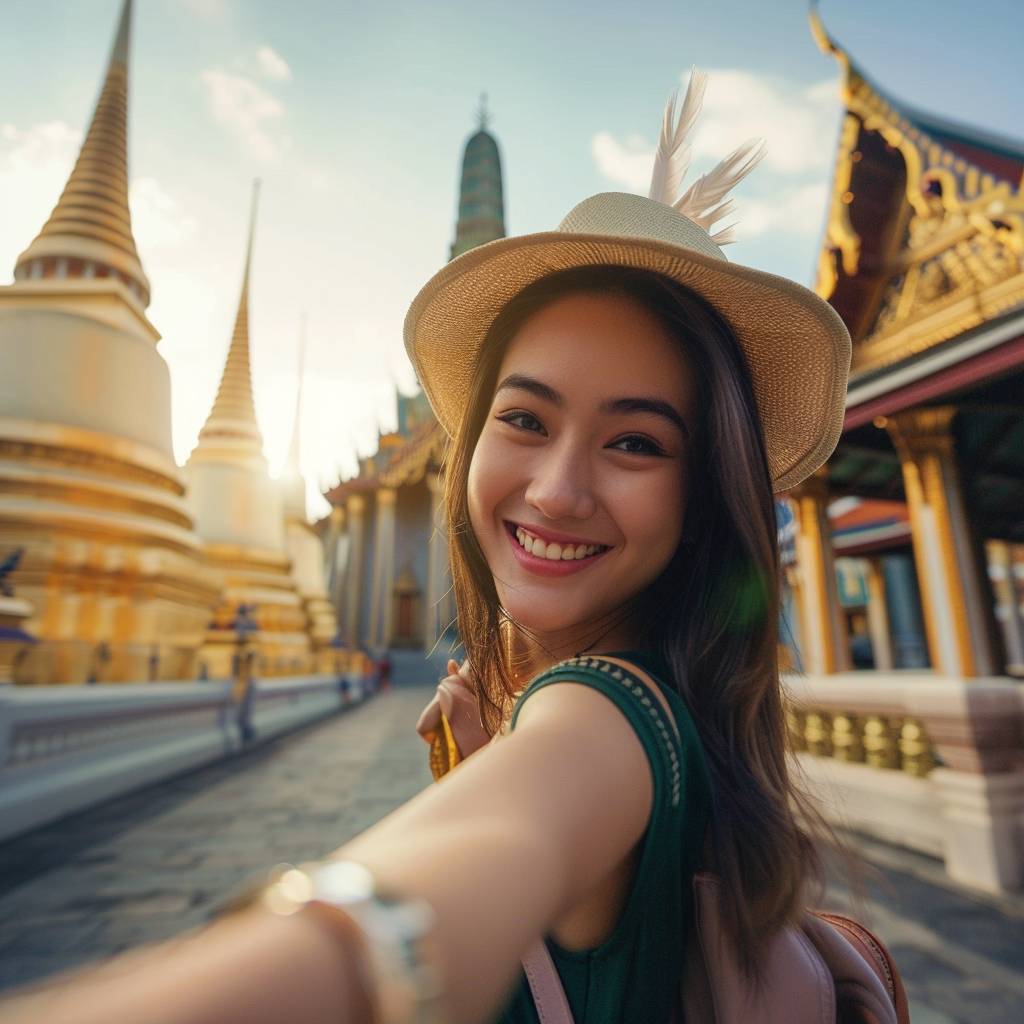 Portrait of a happy young Thai woman holding a hand and taking a selfie photo in Bangkok, exploring a temple complex with ornate golden stupas. Travel concept, The sun brightly illuminates the golden temples at midday, luminous colors, bokeh effect.