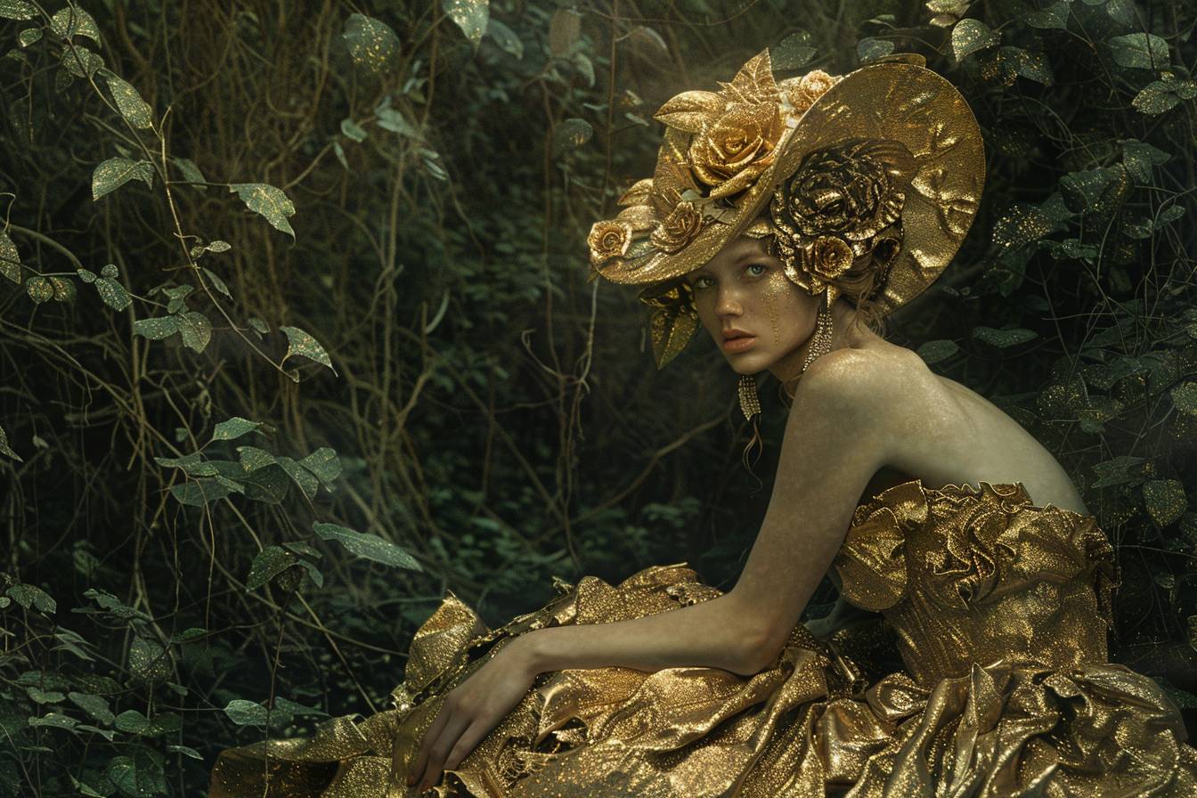 魅力的な女性が金箔で飾られた幻想的な森の中にいます