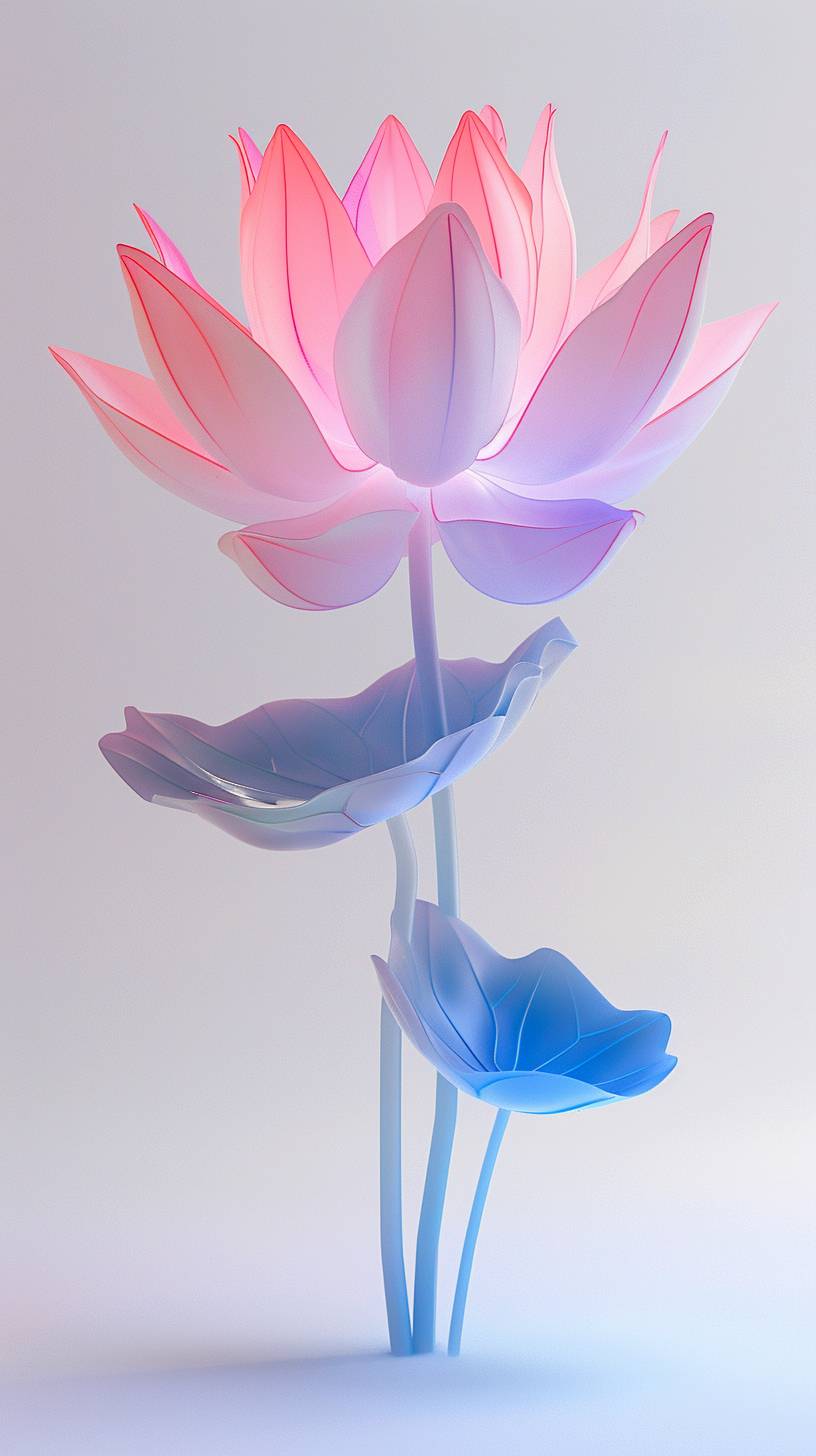 3D single botanical tall lotus flower plant art in pink to blue saturated color on a white background, in the style of minimalist sculpture, spotlight in the center, colorful woodcarvings, piles/stacks, colorful animation stills, majismo, fluid, organic forms, full f10 aperture --ar 9:16 --v 6.0