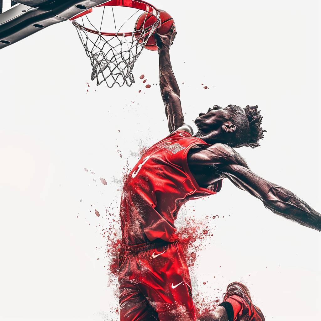 赤いユニフォームを着たプロのバスケットボール選手がホワイトバックグラウンドでボールをダンクするスポーツ写真で、モーションスタイルやフォトショップの効果がダイナミックに表現されています。