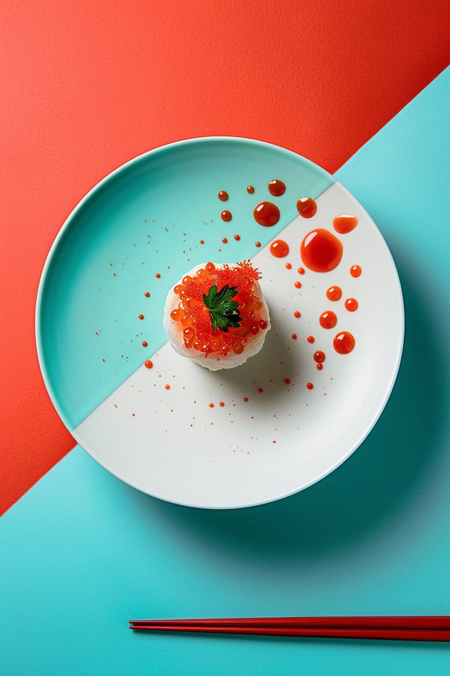 Top view haute-couture advertising food photograph for Japanese restaurant with molecular cuisine. Minimal composition, cyan and red hues.