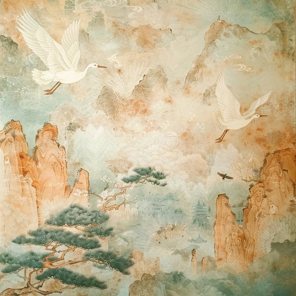 Song Dynasty Mural, Heian Period, Zen, Cyan Light Beige style, Chinese eaves, Wild goose, Historical painting, ultra-fine Details, Meticulous Style, New Chinese Style, landscape painting, Symmetrical composition