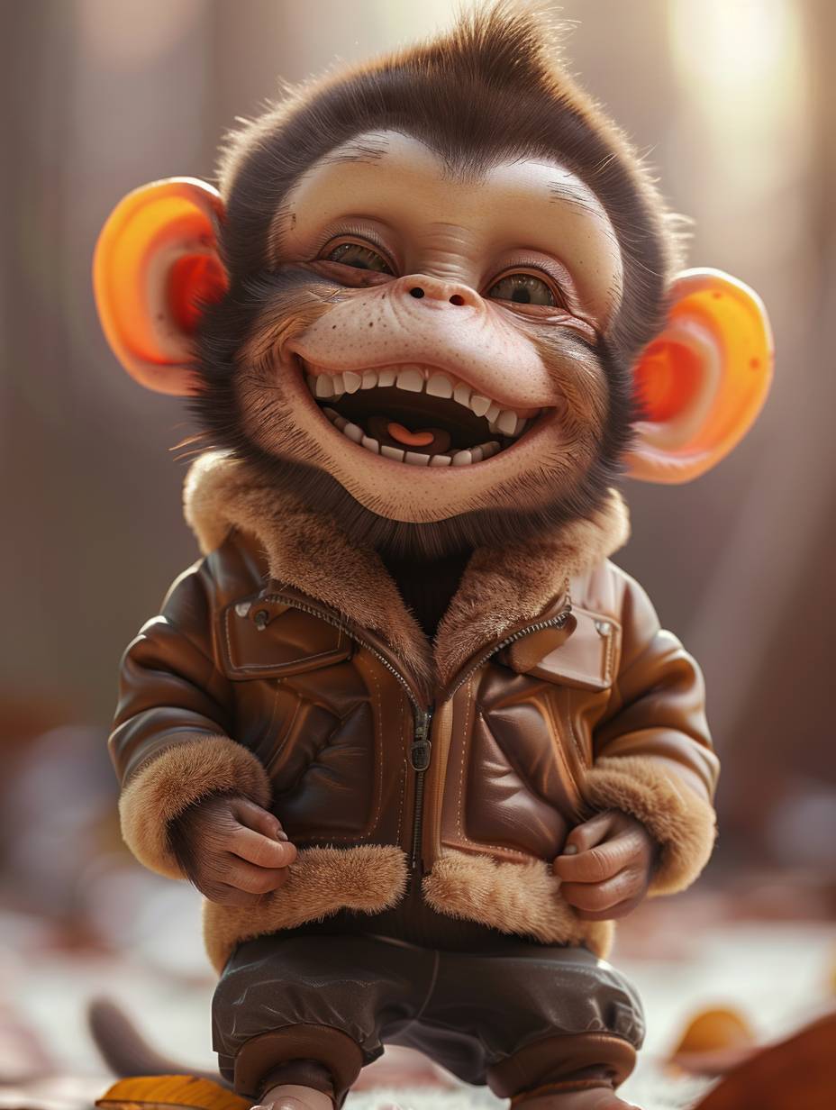 3D cartoon Happy Baby Monkey, wearing a cute Pixar style jacket and pants, personified, laughing happily, cute, with exaggerated expressions, matte treatment, multi angle studio portrait shooting, popular character design on ArtStation, highlighting the focus on a pure white background.