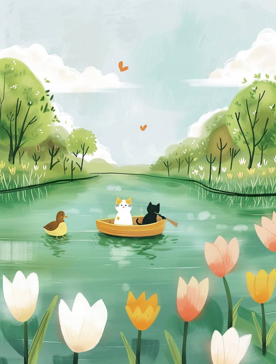 A cute cartoon illustration of some animals in the lake, green grass on both sides and trees with white clouds above them. A small boat is floating across the water with two cats sitting inside it rowing. There's one duck swimming by. The ground has pink tulips growing around it. In style of Ghibli Studio, children book illustrations, pastel colors, simple line drawings, clean lines, flat color, no shading.