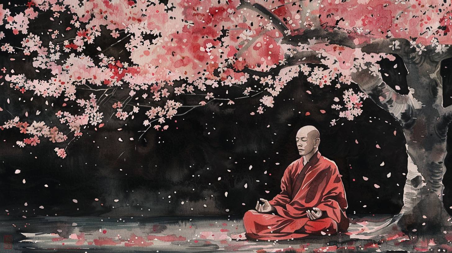 Earthy light crimson and silver monk meditating under a cherry blossom tree, watercolor, wet-on-wet blending, black background