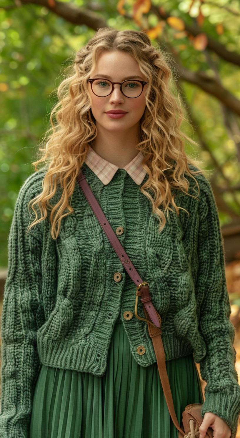 Jennifer Lawrence in schoolgirl glasses, wearing traditional Irish cableknit cardigan outfit with a well-shaped roundneck Irish cableknit mohair sweater costume, wearing a chunky tight fit turtleneck sweater and cardigan lookbook. The cardigan with closed buttons, crewneck neckline, violet color cable knit angora cardigan cable knit, skirt and socks sneakers, blonde curly hair, sneakers, bright background, whole body, full body portrait.