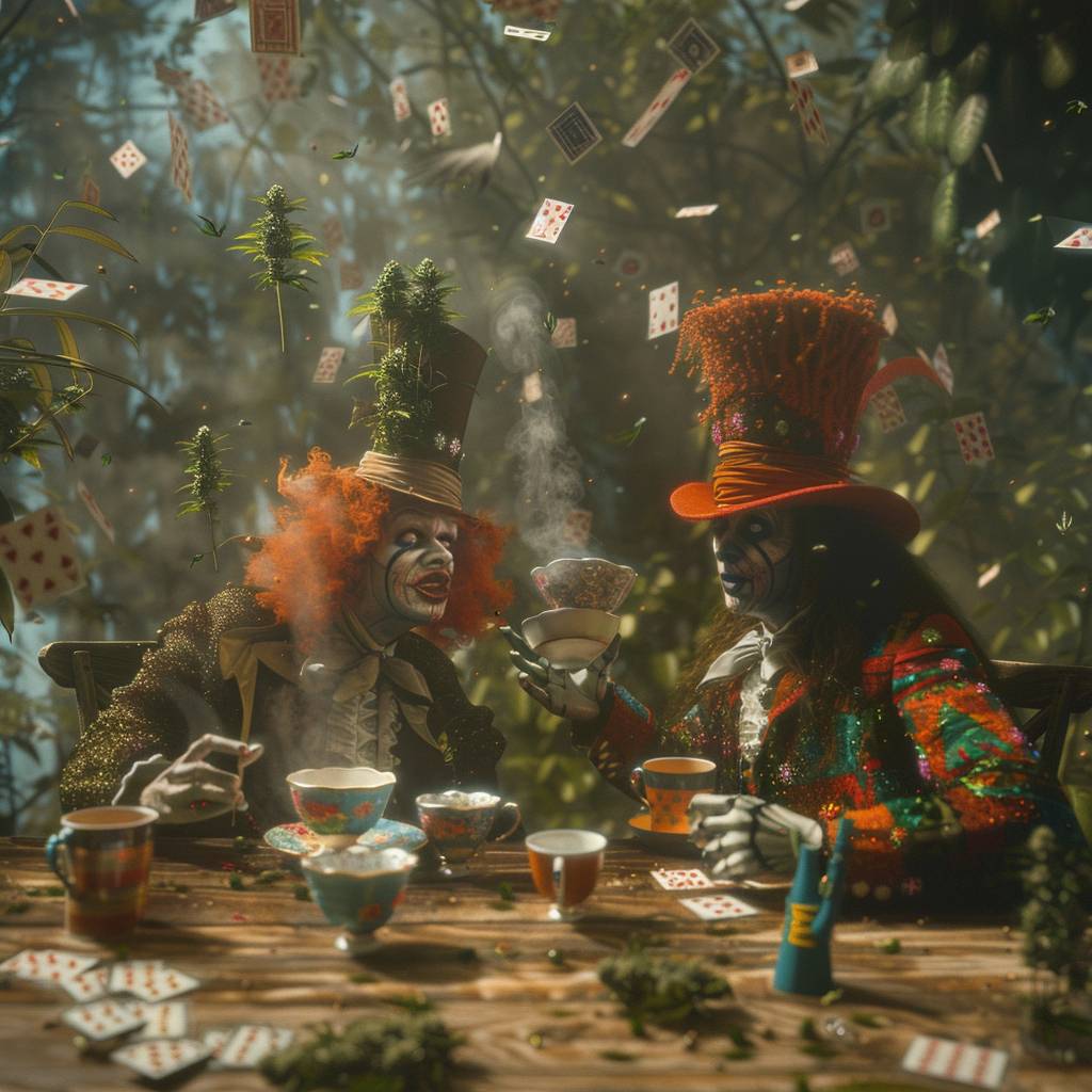 Hyper detailed movie still that fuses the iconic tea party scene from Alice in Wonderland showing the Hatter and an adult Alice. A wooden table is filled with teacups and cannabis plants. The scene is surrounded by flying weed. Some playing cards are flying around in the air. Captured with a Hasselblad medium format camera.