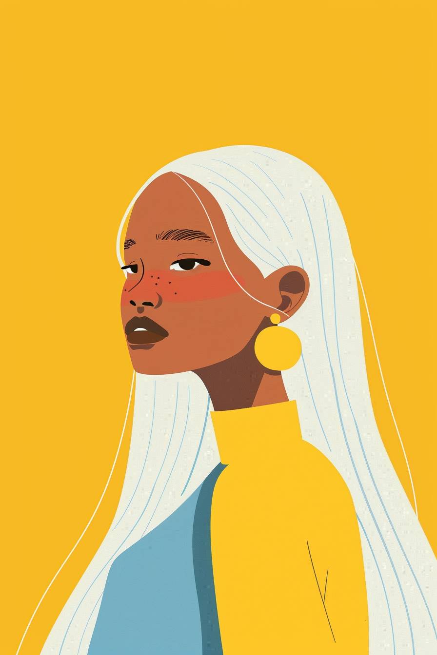 A naive and eccentric girl with long platinum smooth hair and funny earrings in flat illustration style, Abstract Memphis, minimal, pastel blue and golden