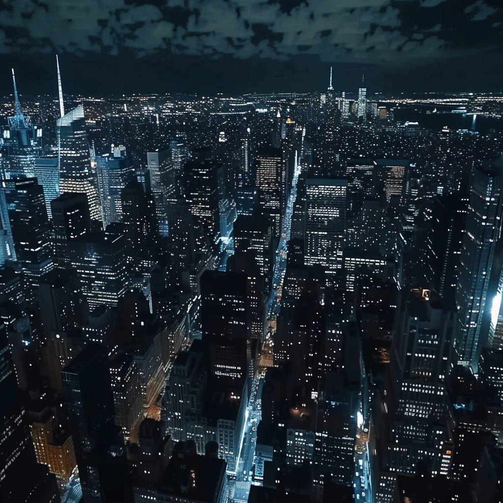 夜の都市風景のドローン映像