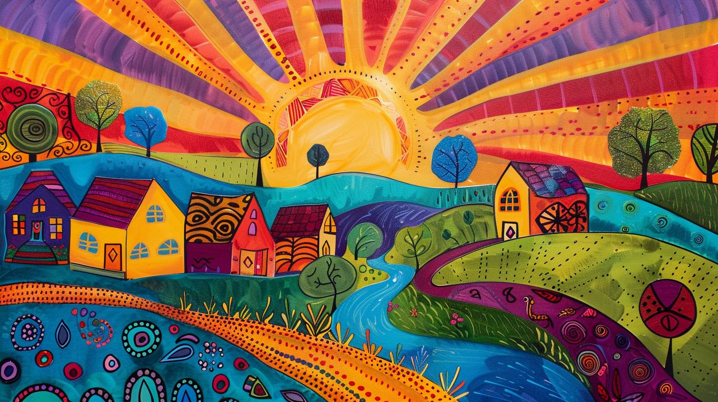 A vibrant sunrise depicted in a folk art style, illuminating a quaint village. The sky is filled with bright, cheerful colors and whimsical patterns, reflecting the simplicity and charm of rural life. The village houses are painted in bold, primary colors with intricate, decorative designs. The sun's rays create a warm, inviting glow over the landscape, highlighting fields, trees, and a winding river. The overall composition exudes a sense of community, warmth, and harmony, capturing the essence of folk art with its playful and expressive style.