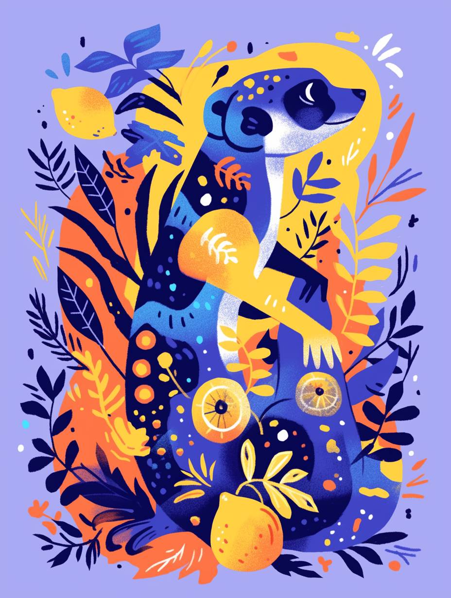 A blue and orange Meerkat in the style of illustrator Malika Favre, rich in details, covered with lemons and plants throughout the body, with bold shapes and a simple vector art style, concise and clean composition, against a purple background, hd 8k