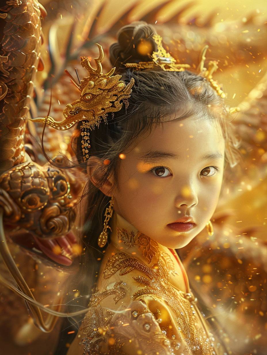 ドラゴンの後ろにいる中国の少女、黄金の背景、荘厳で幻想的な要素を強調した、豊かで鮮やかな色彩、ディテールの細かい鱗片と燃えるような目をしたドラゴン、敬意と驚きを表現した少女、金の色調が際立つスタジオライティング、シネマスタイル、超高精細度