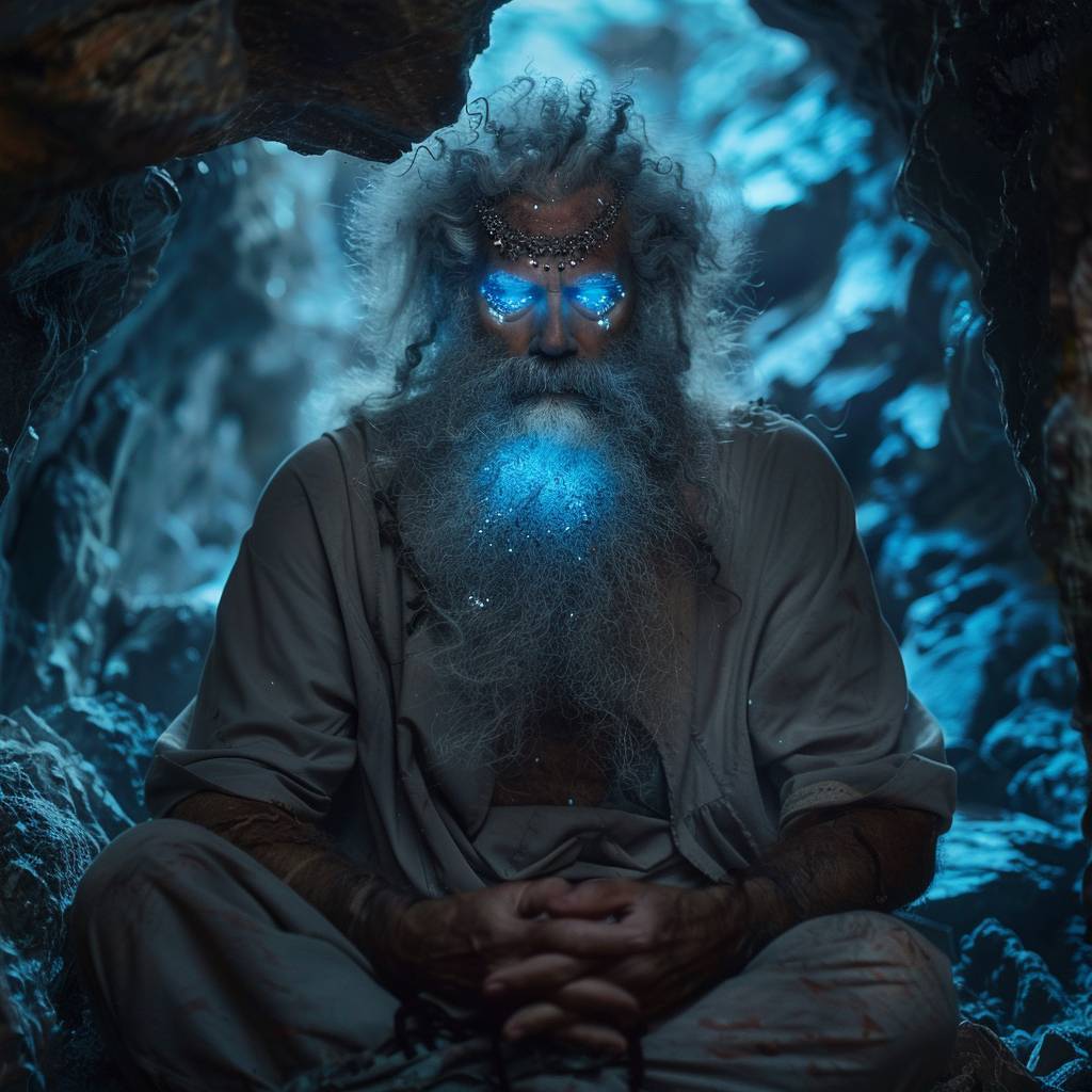 An award-winning heroic shot capturing the mountain king in a stunningly detailed showcase cave, where the epic mountain king is depicted meditating about life. He has a long curly beard and glowing blue eyes, and the cave resembles a big dome with fantastic stalagmites and stalactites. The lighting creates a cinematic and moody atmosphere, capturing the hero in a photorealistic fantasy style, resembling a still from an Oscar-winning fantasy movie. The photo showcases a detailed crown made out of rock, shot on an Arri Alexa XF with a 50mm Zeiss Supreme Prime lens, featuring clear and sharp focus with a shallow depth of field. It embodies elements of fantasy and stonecore, beautifully color graded with dynamic composition, aspect ratio 16:9, speed 500, version 6.0.