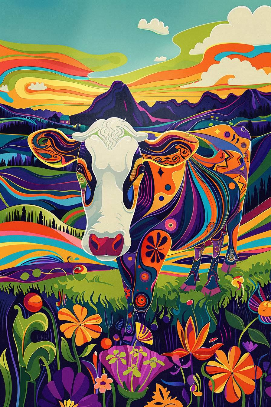 Al Cappスタイルの生き生きとした色彩の豊かな牧草地をさまよう牛の挿絵、カートゥーン