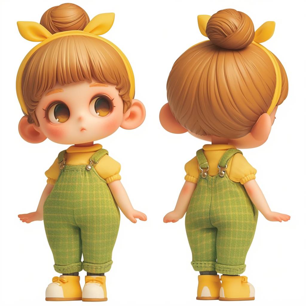 A resin toy of an adorable trendy lively baby girl. The figure is wearing furry overalls with a fine fluffy plush texture. She has eyes that resemble cartoon characters, short hair, chibi. Her head was designed to have round proportions similar to a detailed character design, cute pose. Isolated against a white background.