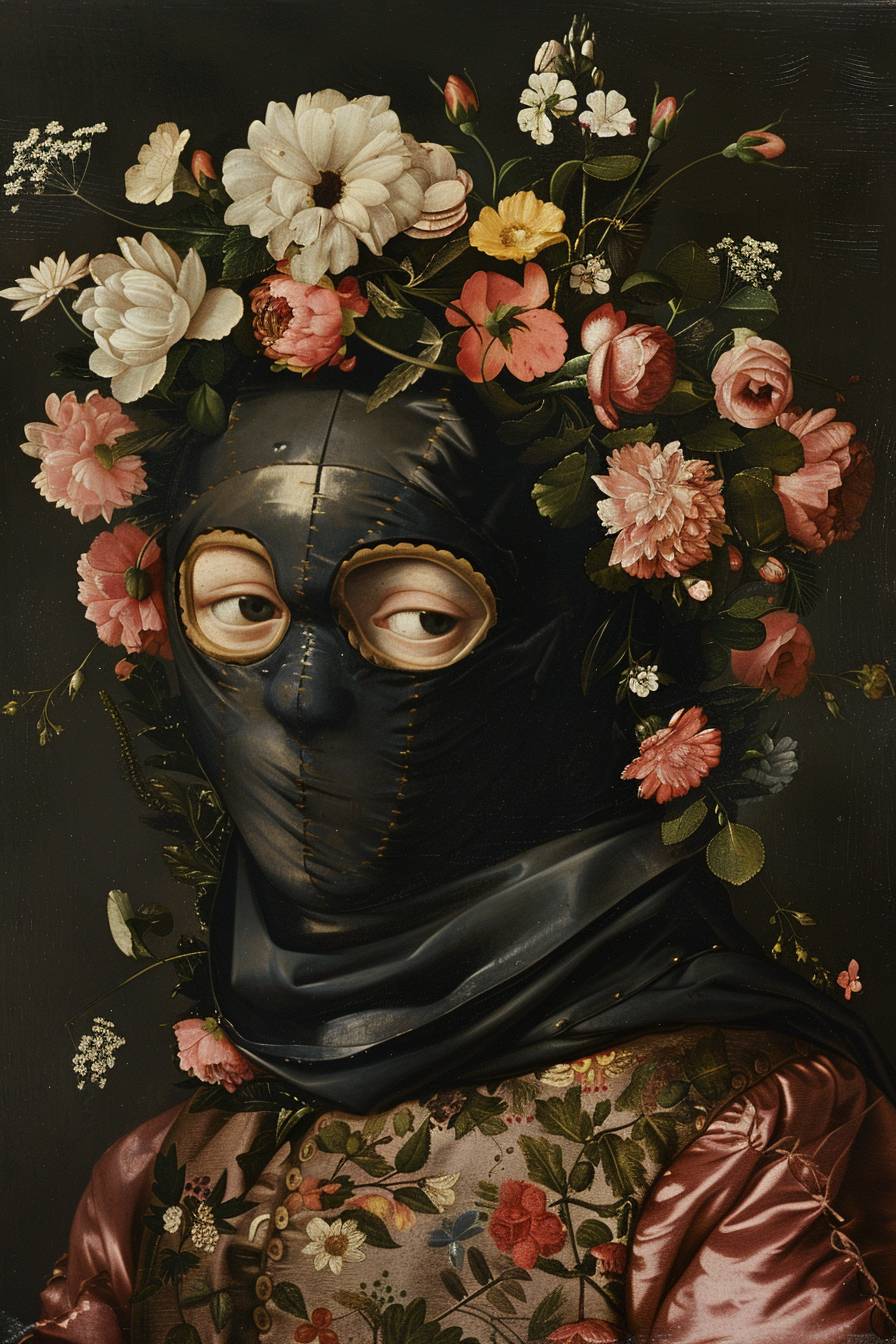 Portrait in balaclava mask and floral wreath by Ambrosius Benson