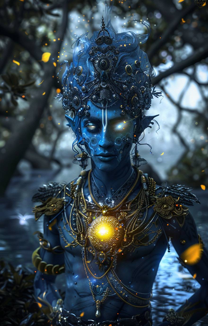 A blue-skinned humanoid with an elegant headpiece resembling the universe, glowing eyes and a yellow aura emanating from their chest, adorned in intricate silver jewelry and surrounded by trees. The background is dark with light reflections on water, creating a mystical atmosphere.