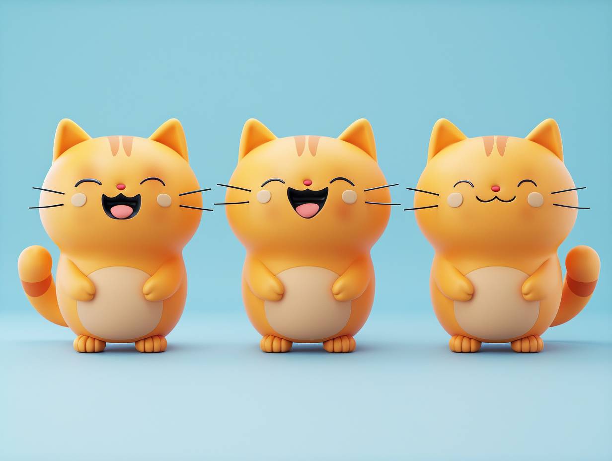 Three views, the first is the front view, the second is the left view, and the third is the rear view. She is a personified yellow cat aged 3-6, with five heads and a mischievous and cute expression. White blue background, 3D art, cute, cute, chubby, Blender style, Bubble Mart style.