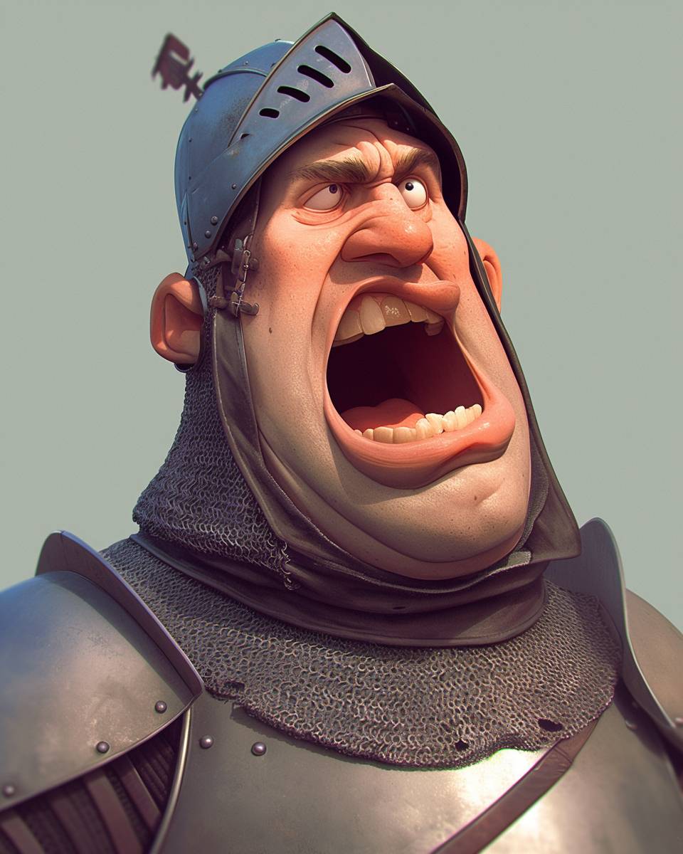 Close-up caricature of a Monty Python Knight character with exaggerated features, realistic textures, humor-infused, playful