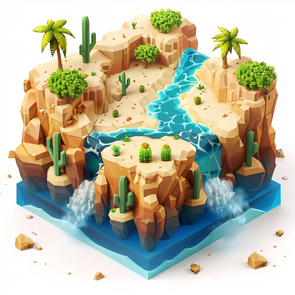 Minecraftスタイルの等方性立方体、白い背景、3Dレンダリング、かわいい砂漠の島には中央にサボテン、片方から他方に流れる青い水、上に小砂丘、各コーナーにヤシの木、周囲に小さな岩があり、カートゥーンスタイル、2Dゲームアート、高解像度、高ディテール、鮮やかな色彩、カラフルでかわいい