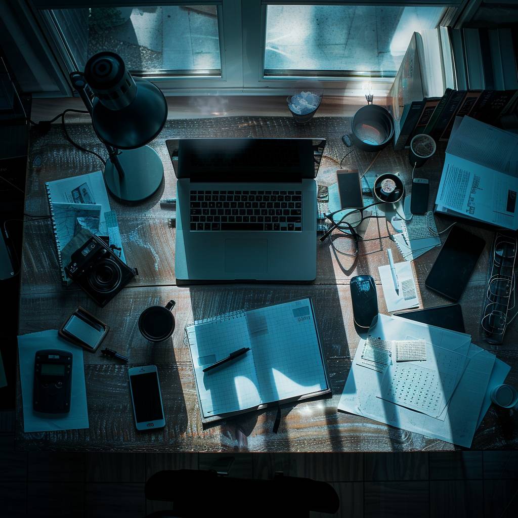 Top view photograph of hacker's table. Shadowed lighting.