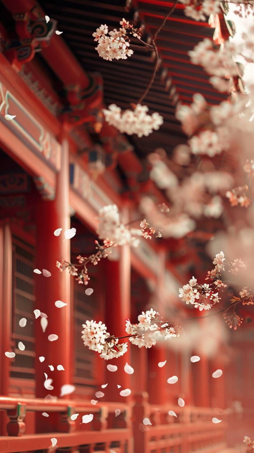 Spring, cherry blossoms falling on the red wall of an ancient Chinese building in a close-up shot. The lighting is bright and soft, creating a depth of field effect. The scene is characterized by warm colors, with light white petals floating in midair and delicate petal details. Soft shadows cast by the flowers add to the overall charm. This scene is full of vitality and resembles the style of an ancient Chinese painting.