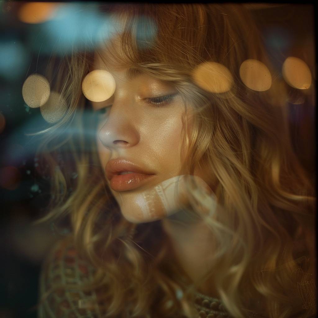 A beautiful French woman with wavy blonde hair, soft pink lips, and a serene expression, in a photo taken through glass with bokeh and reflections, blurry, dreamy, warm lighting, romantic, soft focus, depth of field, close up portrait, shot on film, light leaks, cinematic, film grain, 35mm lens, cinematic lighting