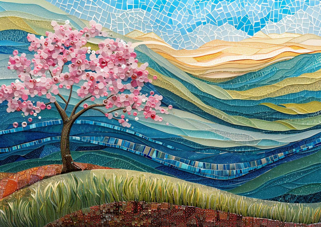 シーグラスモザイク、入り組んだディテール、桜の木、起伏のある丘、陽光