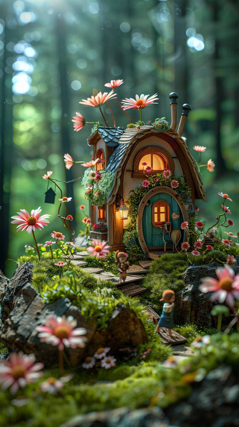 Camping in the forest, a 3D miniature scene of a tent surrounded by pink and white flowers and green trees, with children playing. The miniature landscape features a green grassland background, with axis shifting photography effects and ultra clear details. The dreamy fantasy realism style scenes are rendered using wide-angle lenses and depth of field, creating an octagonal paper art illustration style with blurred foreground.