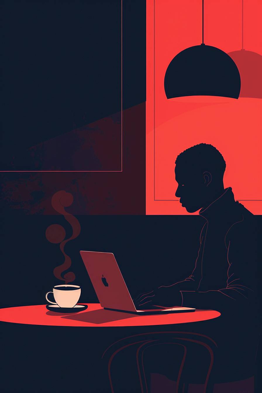 若い男性がミニマリストのカフェでノートパソコンに集中して座っています。シーンは、ダークネイビーと赤のカラーパレットを使用したスーパーシンプルなフラットベクターアートスタイルで描かれています。大胆な黒い線とフラットなカラーエリアが特徴で、クリーンでモダンな外観を演出しています。ノートパソコンの横に立ち上がる蒸気の出るコーヒーカップがシーンに暖かさを加えています。主要な要素を輪郭線で大胆でクリーンな黒い線で描きます。色はグラデーションやテクスチャのないフラットで、ダークネイビーと赤に焦点を当てています。デザインは非常にシンプルになっており、詳細を基本形に簡略化しています。コーヒーからの蒸気は簡単な曲線で表現されます。